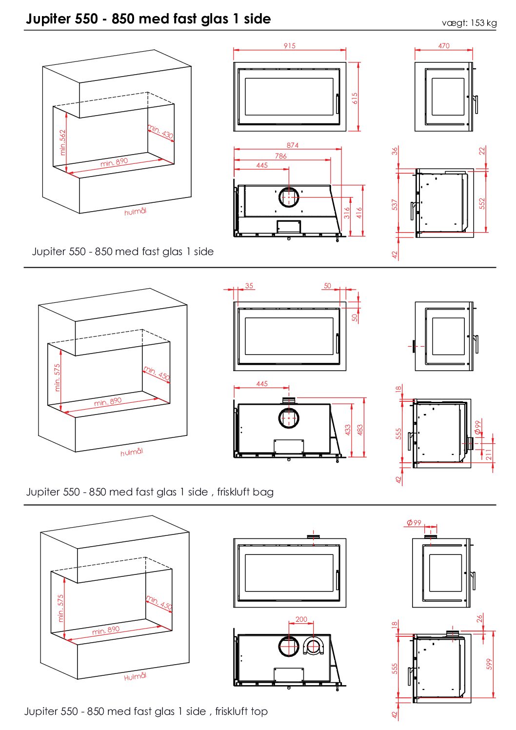 Meteor Jupiter 550-850 pejseindsats med fast glas i én side - Billede 2