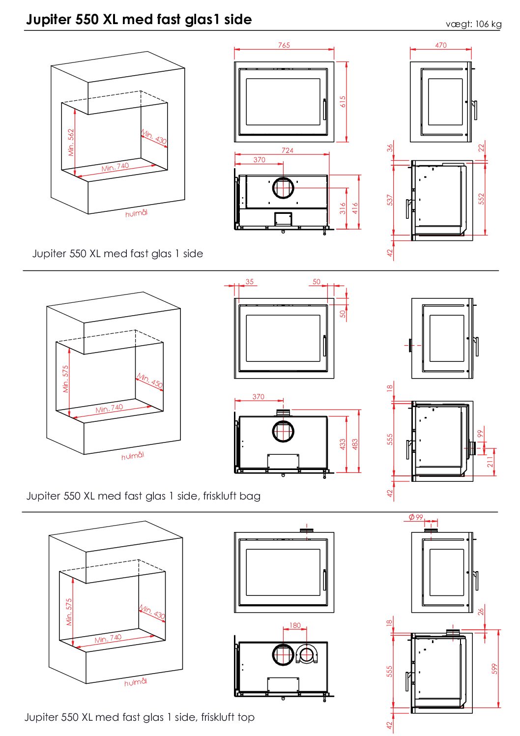 Meteor Jupiter 550XL pejseindsats med fast glas i én side - Billede 2
