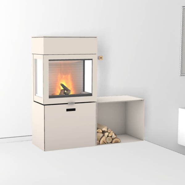 RAIS 600³ Max brændeovn i sand med glas i 3 sider og sidebox