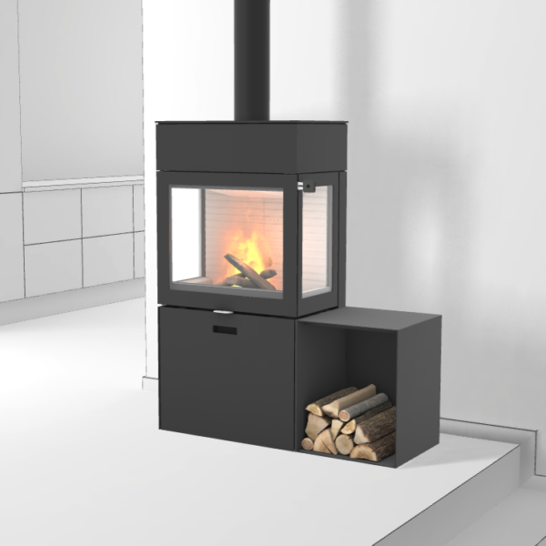 RAIS 600³ Max brændeovn med glas i 3 sider og sidebox